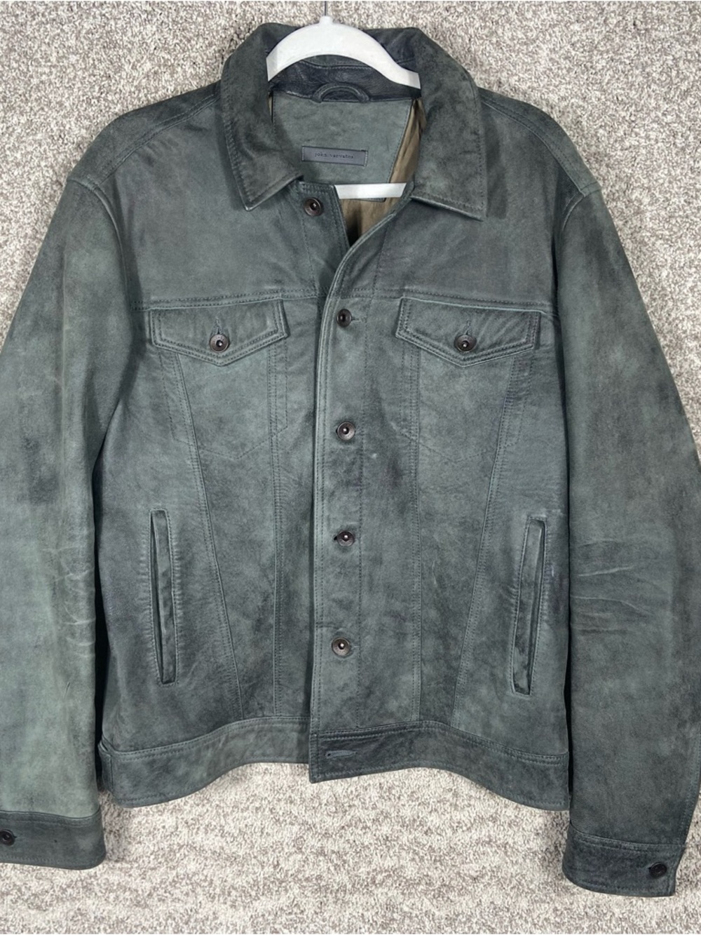 John Varvatos Suede Leather Trucker Jacket Mens 50 Grey Sheepskin Full Zip Coat